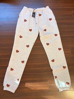 NWT Brunette The Label Grey Joggers Brown/Mauve Heart Print - Sz 12/14 women S